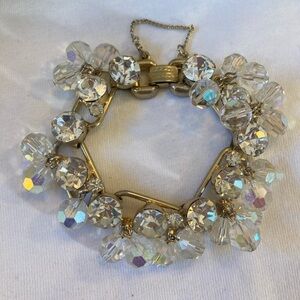 Aurora Borealis Crystals Cluster Rhinestone Vintage Bracelet Safety Chain